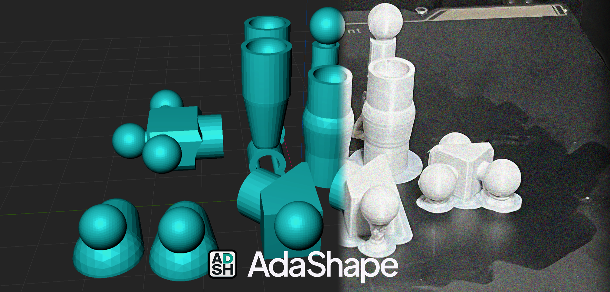 AdaShape on a large screen next to a 3D printer, showing the same model being printed