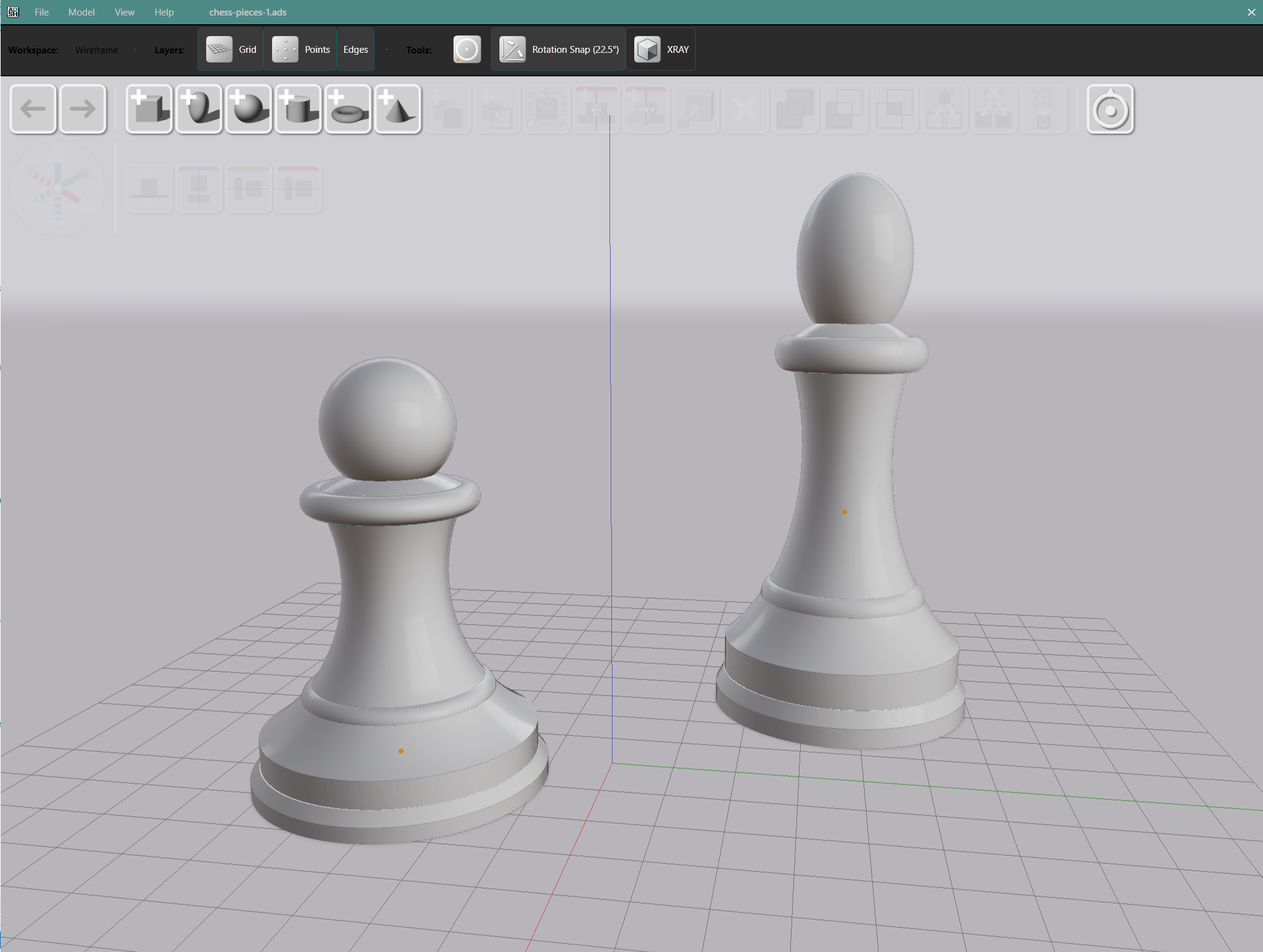 Chess pieces in AdaShape showing smooth shading and edge lines