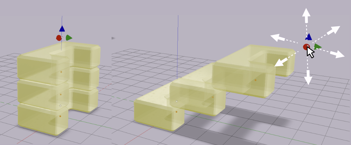 A linear array stacked vertically, and the same array after dragging its end point sideways