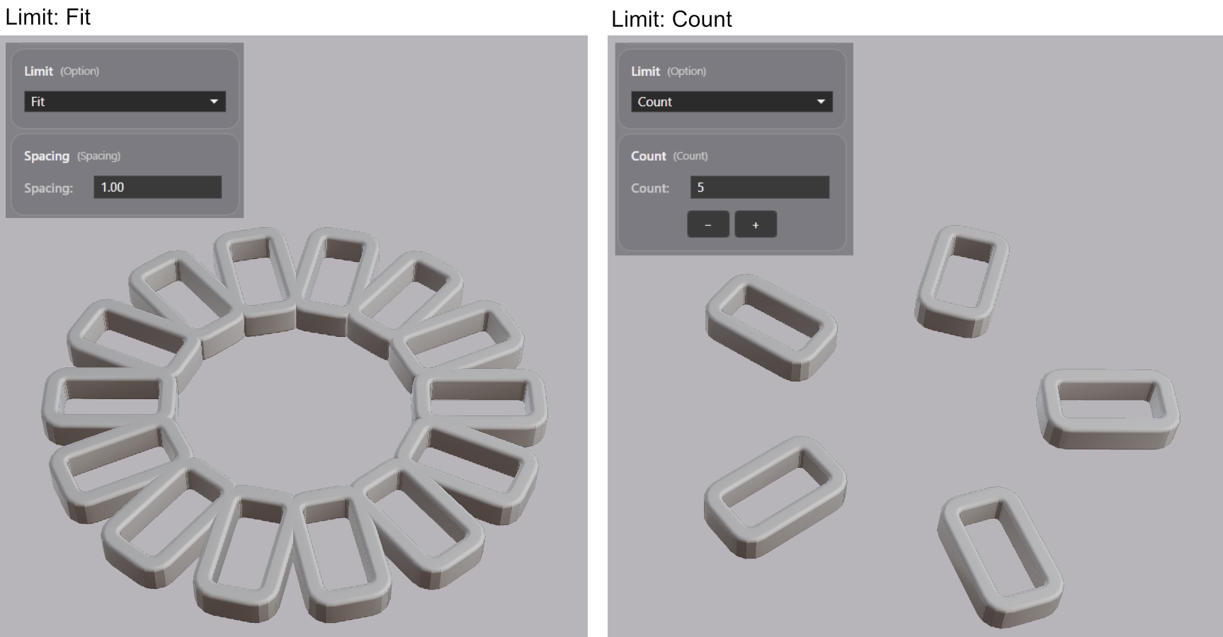 An array with Limit set to Fit, and the same array with Limit set to Count