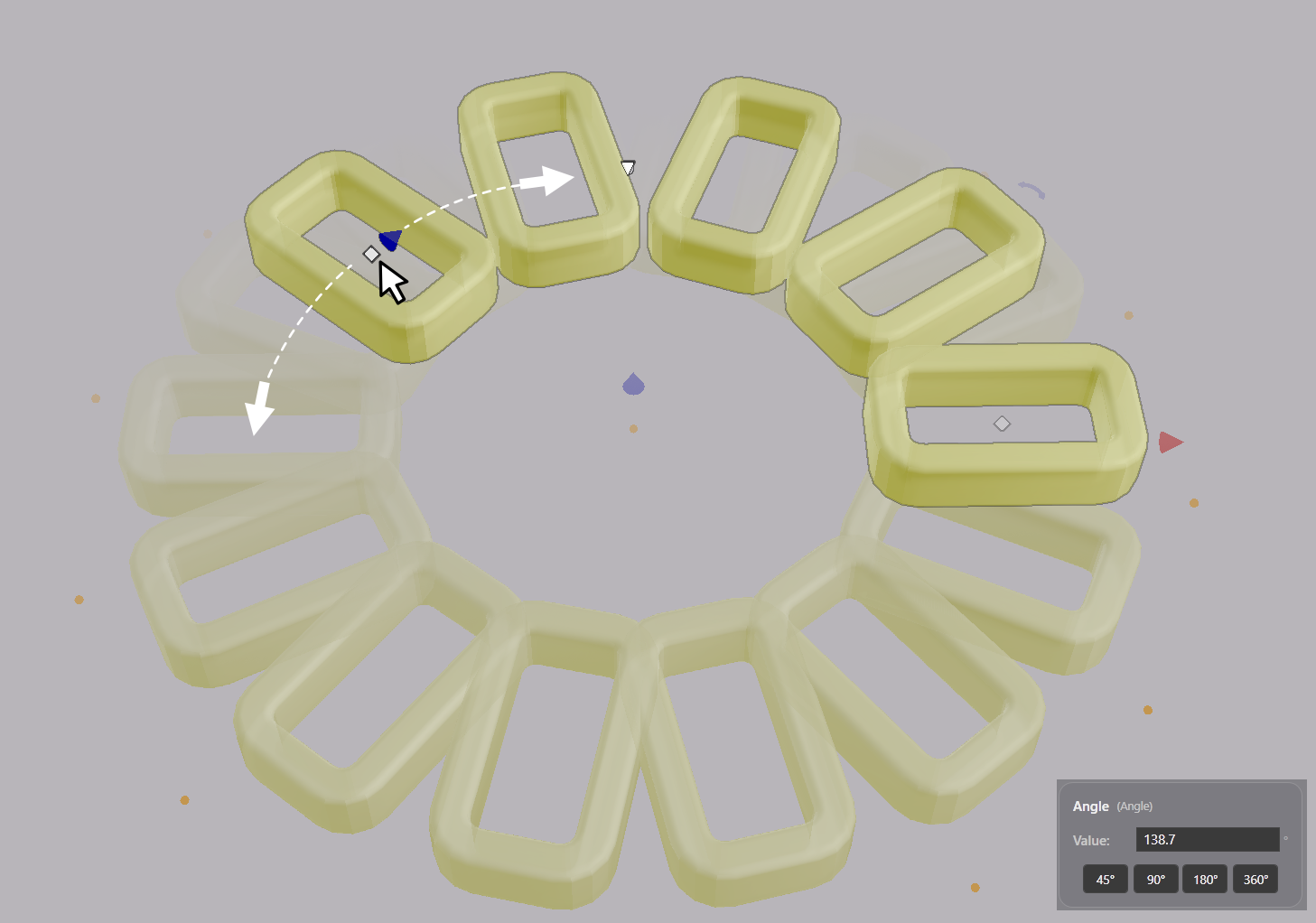 Dragging the angle handle of a circular array