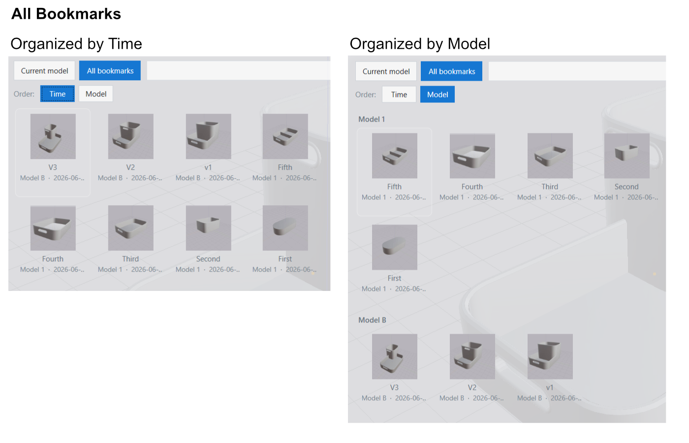 The Bookmark Catalog in All Bookmarks mode, listing bookmarks across every model