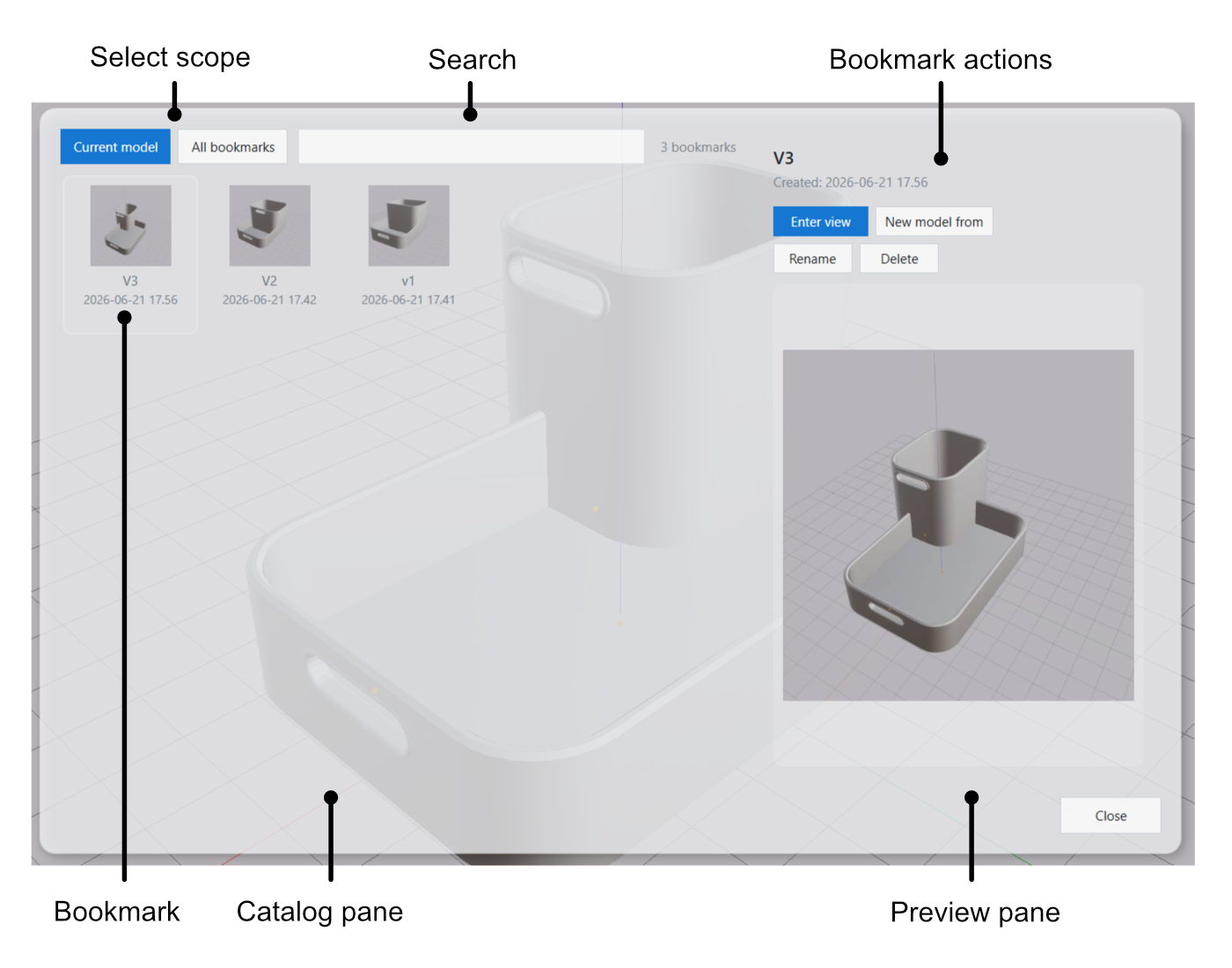 The Bookmark Catalog right pane showing a full-size thumbnail and four action buttons