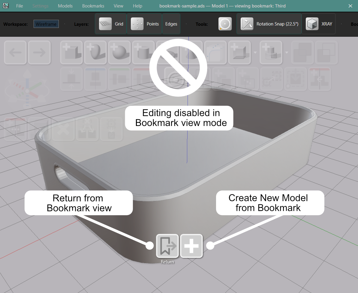 A model shown in bookmark view mode with the title bar indicator