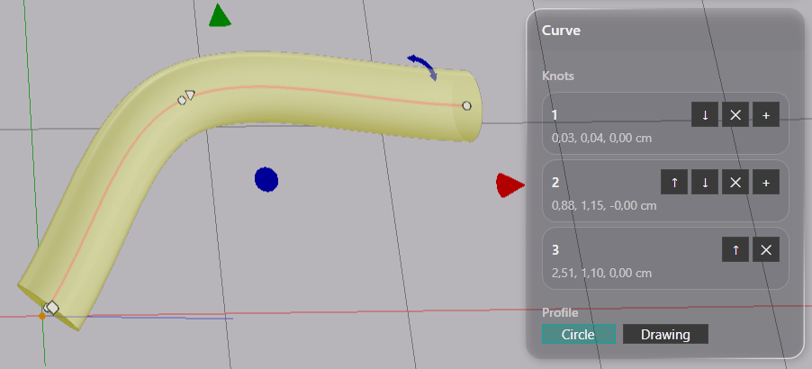 The Curve panel listing three points with their coordinates