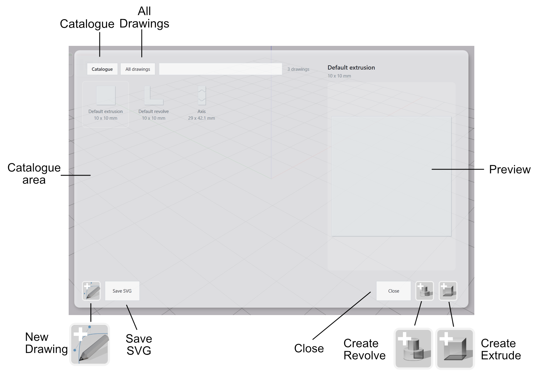 The drawing catalogue showing previews, names, and dimensions