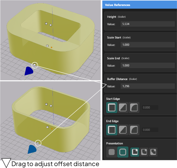 The buffer distance widget — a white triangle on the extrusion