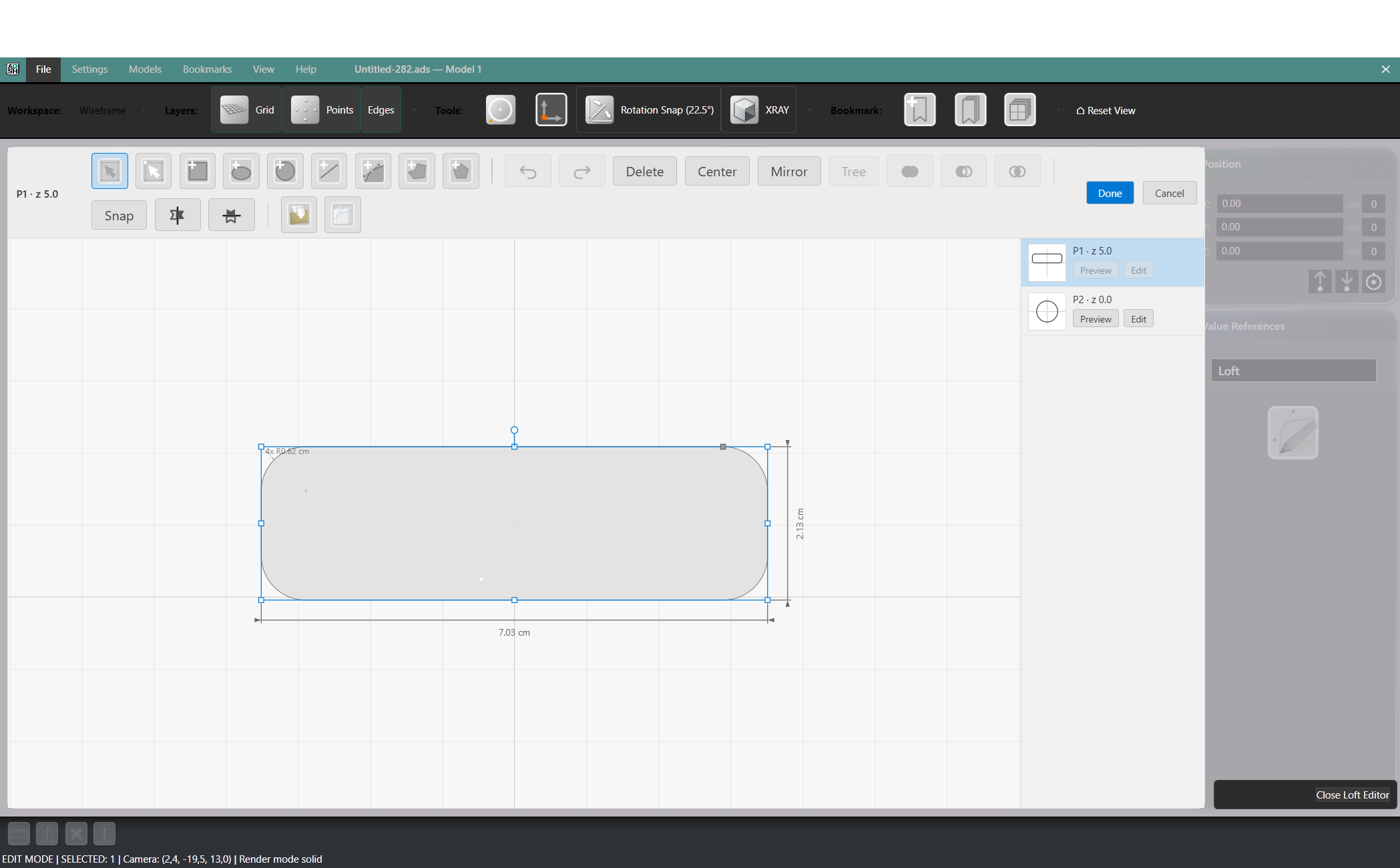 The profile editor with a profile drawing and the profile list on the right