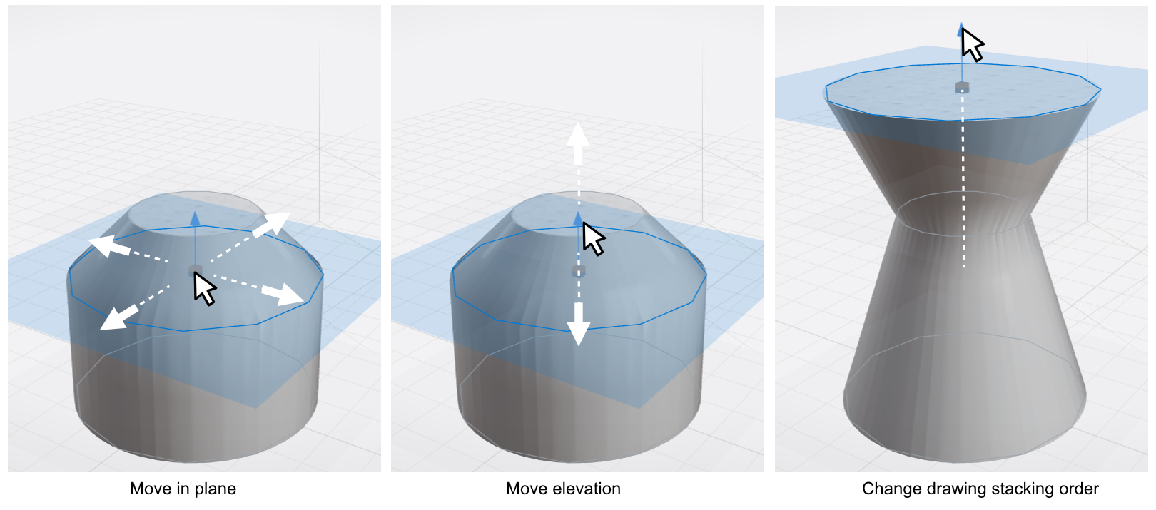Moving a profile in its plane, moving it along the axis, and changing the stacking order