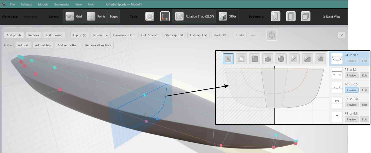 A boat hull in the loft editor with the profile editor shown as an inset
