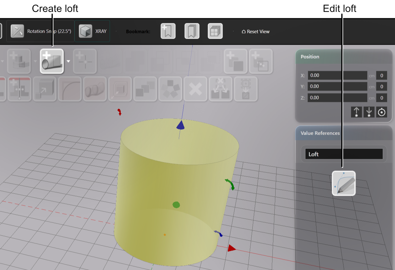 The Create Loft button in the toolbar and the Edit Loft button in the Value References panel