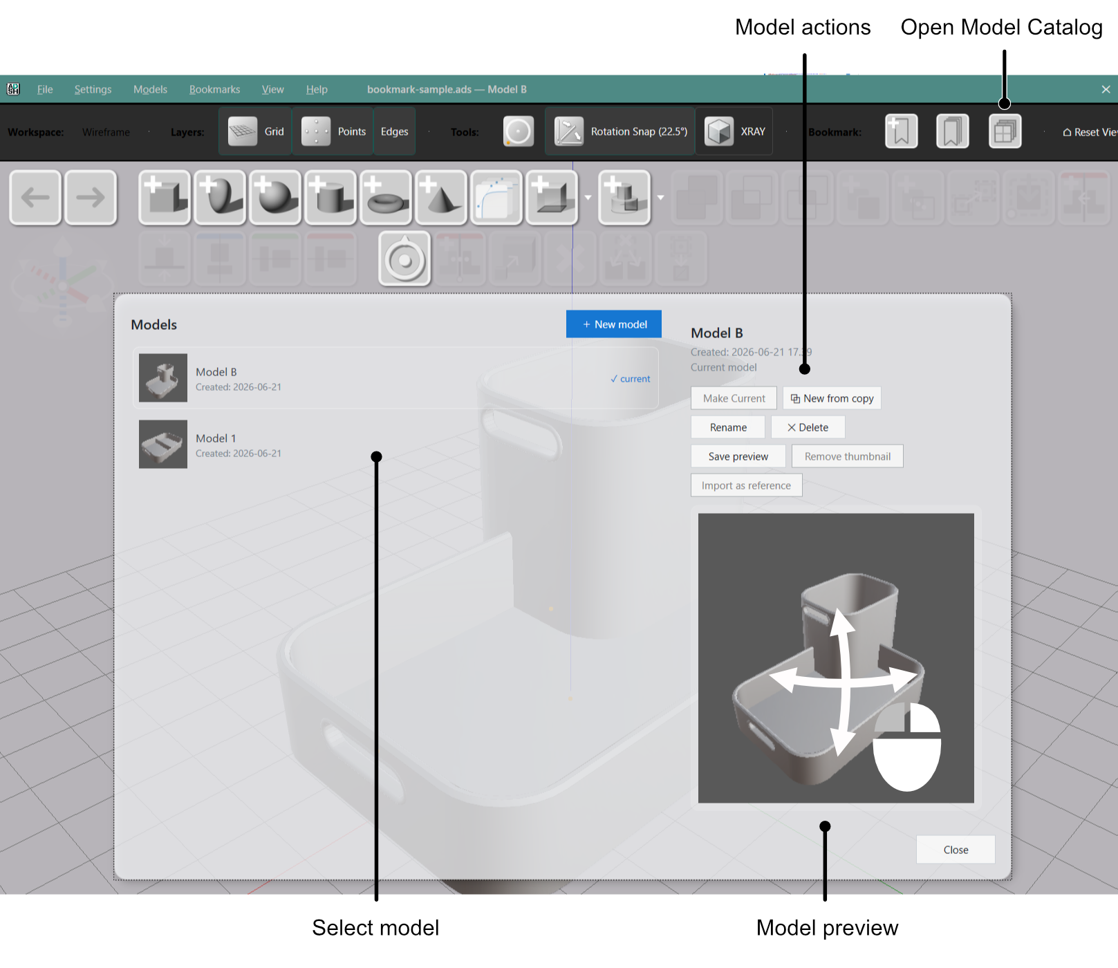 The Model Catalog showing live previews of every model in the file