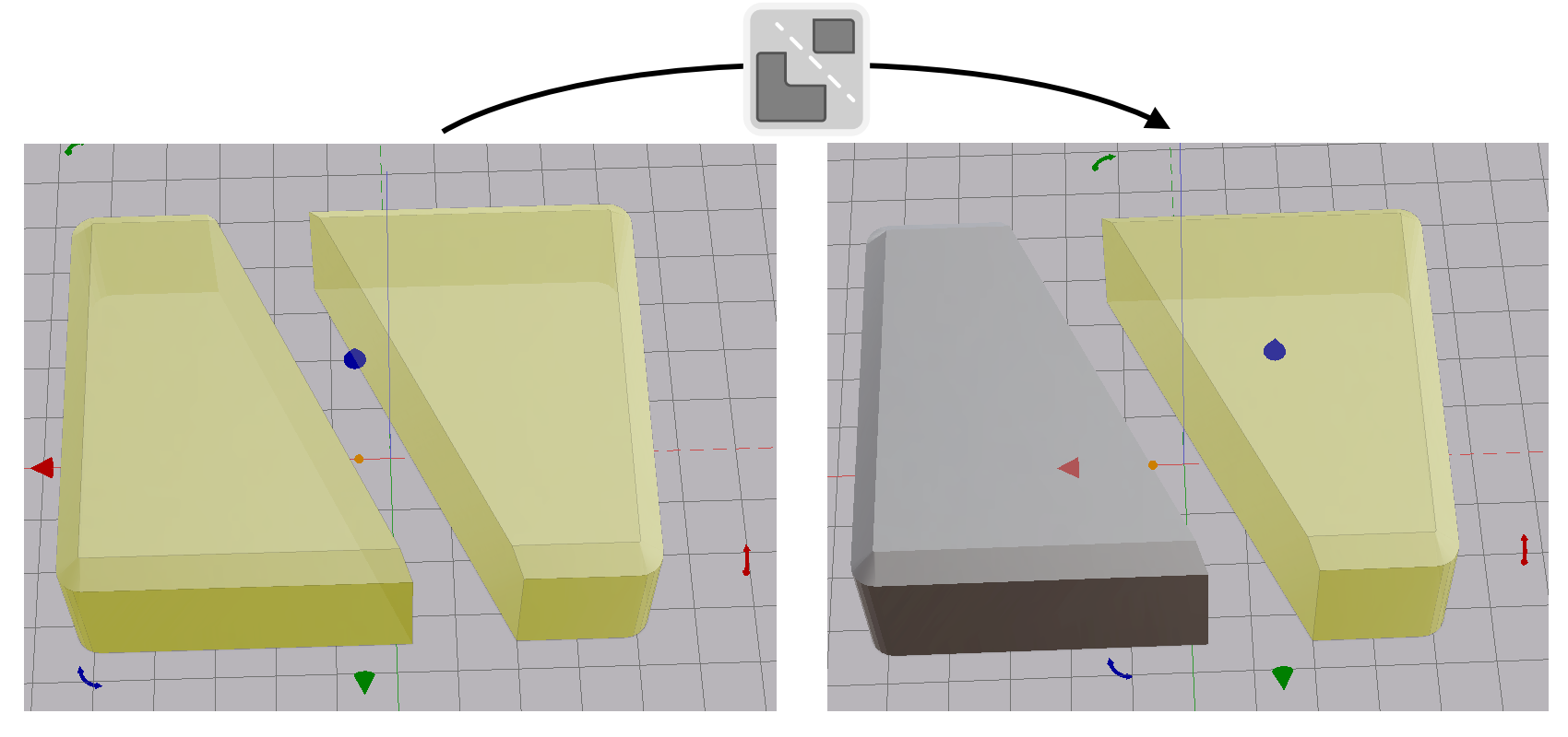 A shape made of two disconnected pieces, and the two shapes after the split