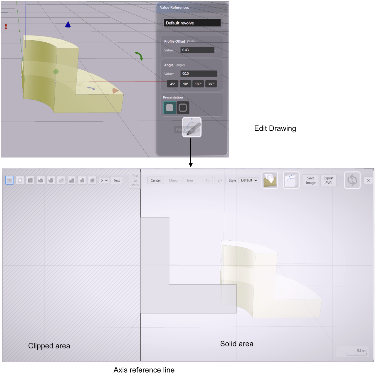 The Drawing Editor open for a revolve, showing the axis line