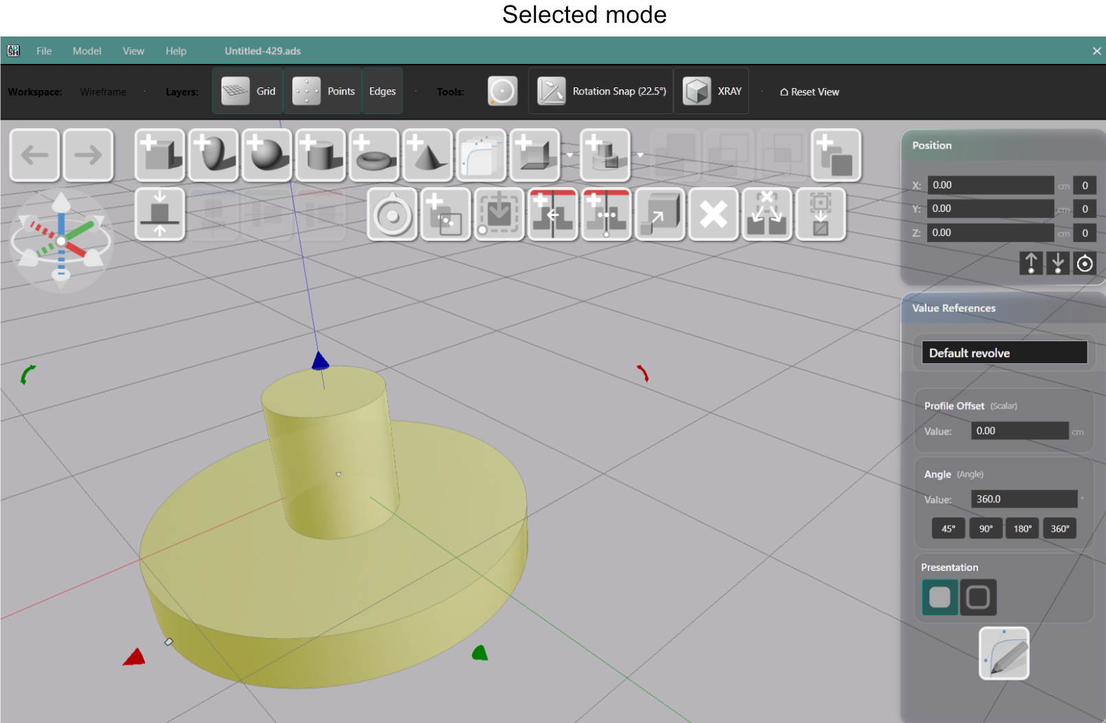 A selected revolve with parameters visible