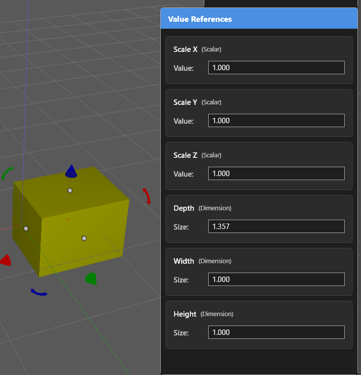 The scale panel showing Width, Depth, and Height fields