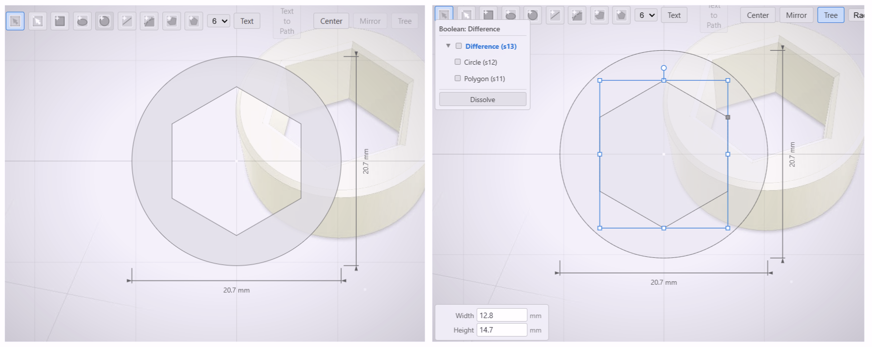 The boolean tree panel showing component shapes