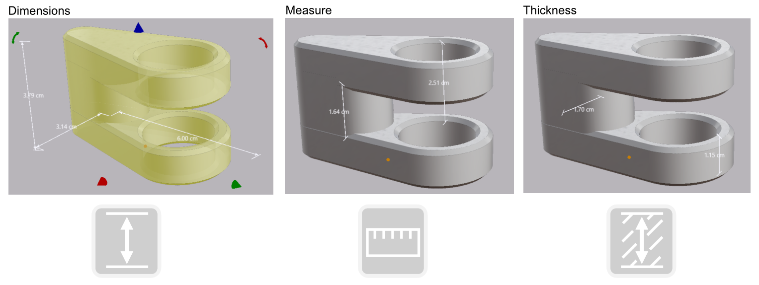 The dimensions of a selected part, a distance reading and a thickness reading