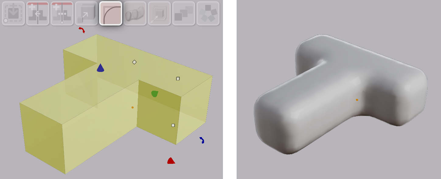 A T-shaped part before and after rounding