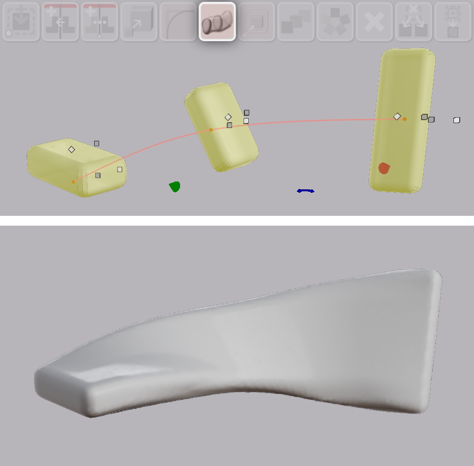 Three selected shapes with the sweep path shown, and the finished sweep