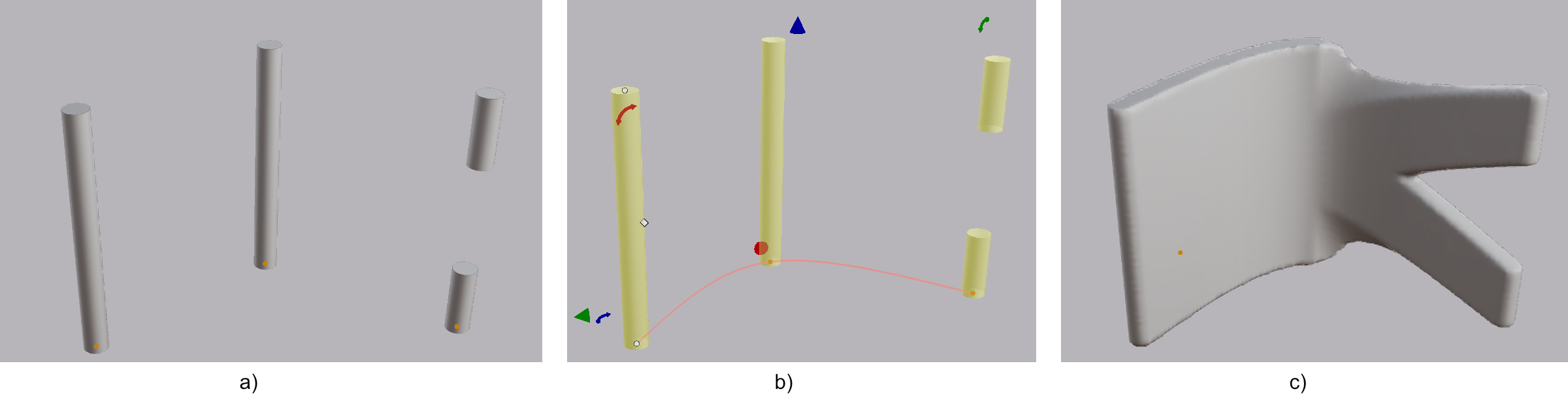 Three source shapes, the selection with its path, and the forking sweep